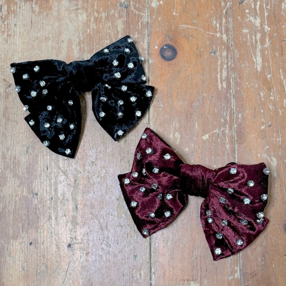 NWT Anthropologie Velvet Hair Bow Clips with Rhinestones Coquette Holiday